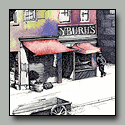 Pen&ink and watercolor drawing of a street in old Glasgow