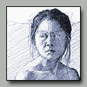 Drawing of young woman partially draped in a kimono