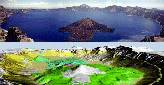 Upper: Panoramic photograph taken from visitor overlook on The Watchman by Peter Dartnell. View is to the east. Digital photographic processing by Eleanore Ramsey. Lower: Digital perspective view of generalized geologic map of the lake floor draped over shaded-relief image of 2-m bathymetry. Illuminated from 225 degree azimuth and 45 degree elevation. Created with ArcInfo and USGS perspective view calculation program. Scale varies with distance.