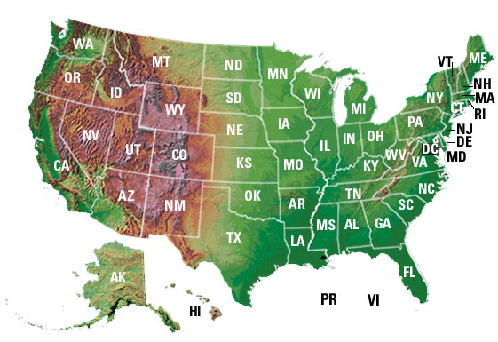 Clickable map of the U.S. - will take you to an enlarged map on a new page where you can click by state.
